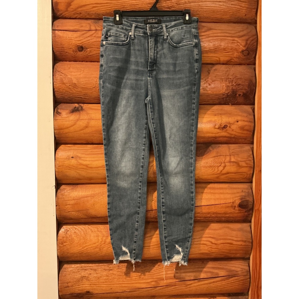 Judy Blue Skinny Jeans Medium Wash Distressed Raw Hem High Rise Size 7 28